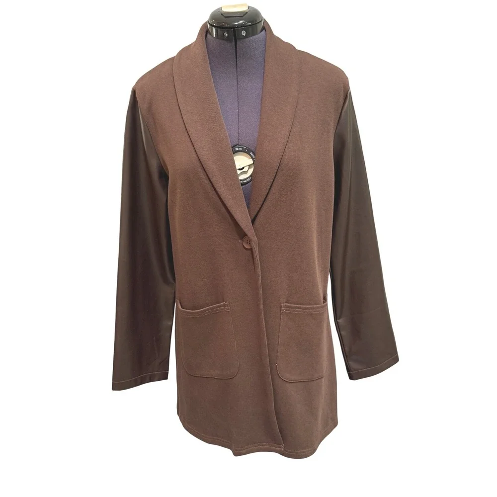 NWOT Area Stars Brown‎ Blazer Faux Leather Sleeve Knit Jacket Small